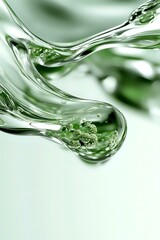 Flowing liquid with green spherical particles suspended in transparent fluid creates dynamic abstract composition with soft curves and light reflections.