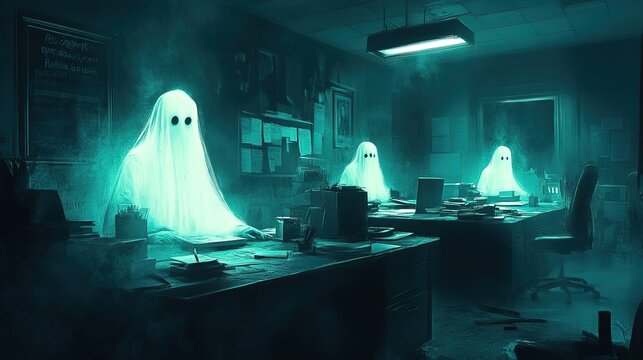 Ghostly entities haunting an abandoned office dark room setting digital art eerie atmosphere mysterious perspective