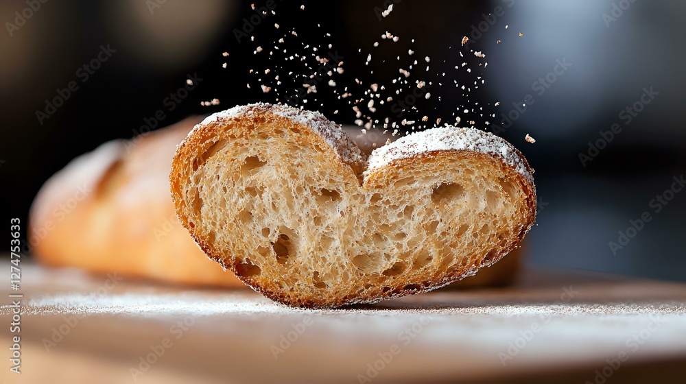 Poster fresh crusty baguette slice with flour dust falling in dramatic lighting against dark background, cl