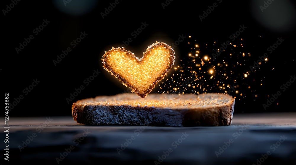 Poster glowing heart shape made of bread crumbs floating over toasted slice on dark background with magical