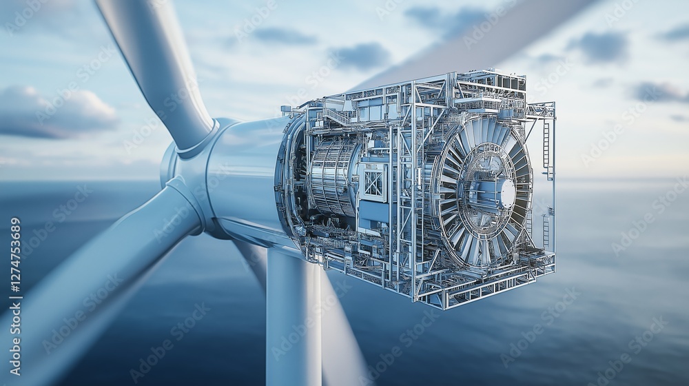 Poster close-up of an advanced wind turbine mechanism with ocean background, showcasing renewable energy an