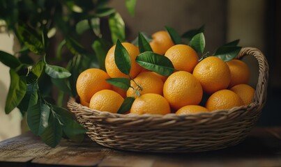 Pile of fresh oranges with green leaves placed in a woven basket on a rustic table, vibrant tones perfect for fruit promotion.
