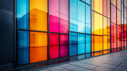 Colorful glass facade with vibrant geometric patterns. Modern architectural design featuring colorful panels, abstract shapes, and hues. Glass reflects the surrounding environment in a bright tone