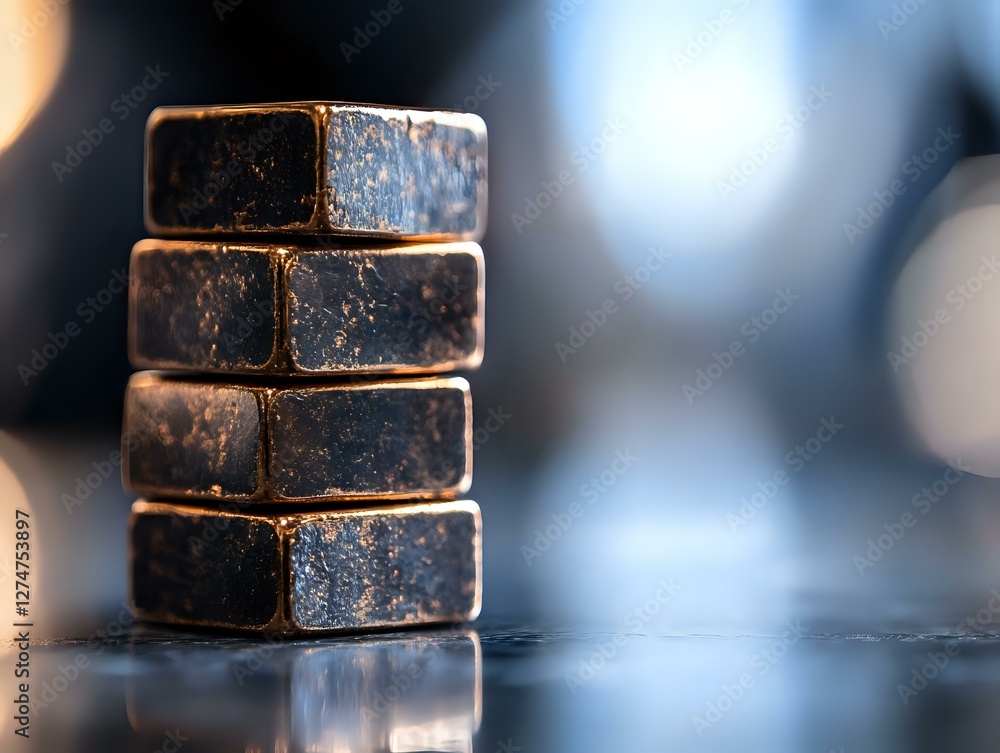 Poster stack of dark chocolate squares with rustic texture against blurred bokeh background, dramatic light