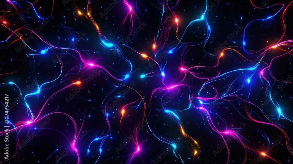 Poster a vibrant, abstract background featuring colorful glowing lines intertwining and flowing against a d