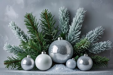 Frosty Holiday Decor Arrangement with Glitter and Fir Tips on Soft Gray Background