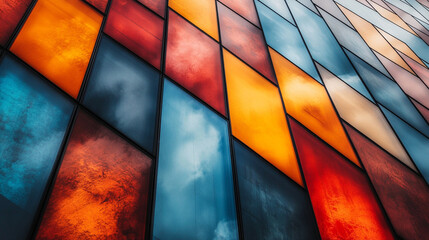 Colorful glass facade with vibrant geometric patterns. Modern architectural design featuring colorful panels, abstract shapes, and hues. Glass reflects the surrounding environment in a bright tone