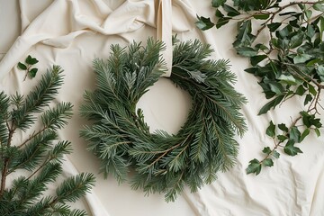 Winter Juniper Leaf Wreath on Ivory Background Minimalist Seasonal Decor Flat Lay Arrangement