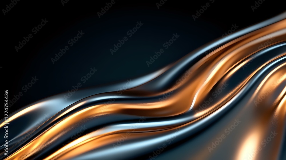 Poster elegant flowing curves in metallic copper and silver create dynamic wave pattern against dark backgr
