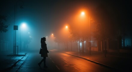 Lonely walker on foggy street