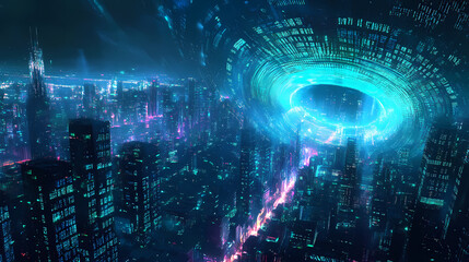 A swirling vortex of binary code erupts into a radiant aurora, illuminating a darkened cityscape with vibrant, electric blues and neon greens. Electric Aurora Vortex. Illustration
