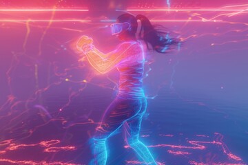 High-flying VR action: man performing a kick, neon lights adding a vibrant touch.