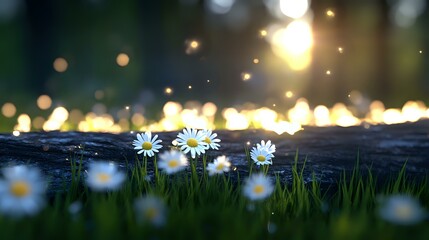 White daisies growing in grass at sunset with magical bokeh lights and sunbeams creating dreamy summer evening atmosphere in nature.
