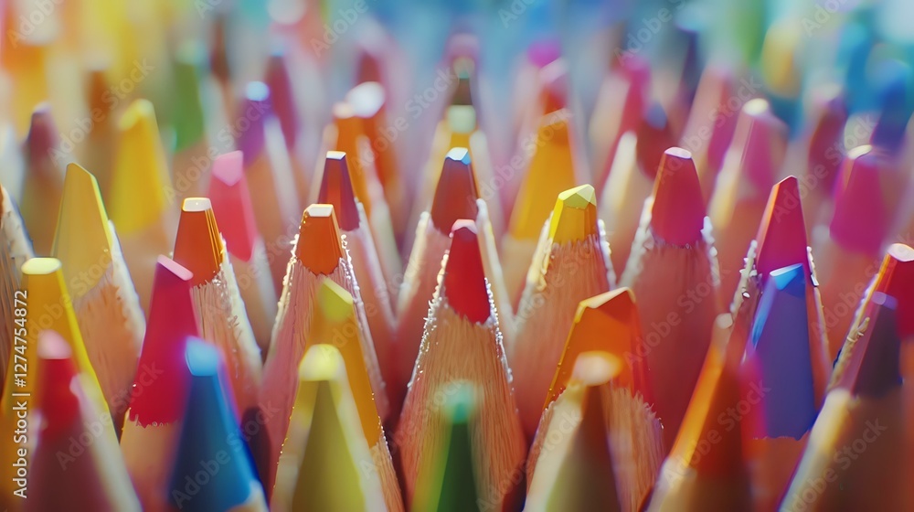 Poster vibrant colored pencils arranged in rows creating abstract pattern with shallow depth of field, tips
