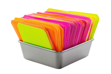 Colorful stack of sticky notes in a silver container for creative ideas and organization isolated on transparent background