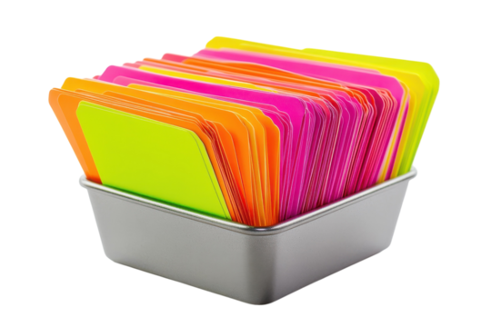 Colorful stack of sticky notes in a silver container for creative ideas and organization isolated on transparent background