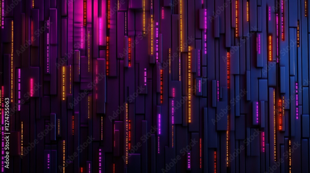 Poster a vibrant abstract background featuring vertical bars of glowing purple, pink, and orange, creating 