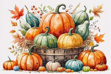 Watercolor Harvest Illustration Featuring Pumpkins and Gourds for Autumn Decor