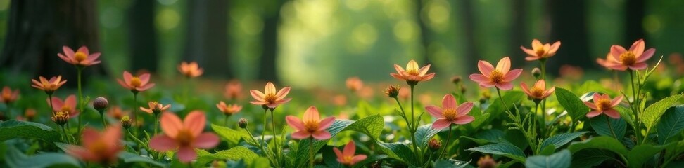 Muted brown flowers blooming in a dense forest , forest, foliage
