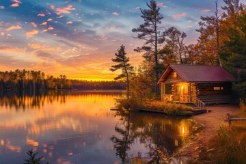 Fototapeta premium Log cabin by serene lake during golden sunset surrounded by vibrant autumn trees in a tranquil wilderness setting