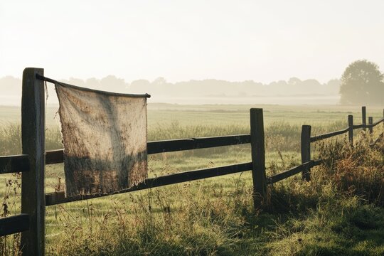 An old cloth draped over a rustic wooden fence in a misty countryside field, creating a nostalgic and tranquil rural scene