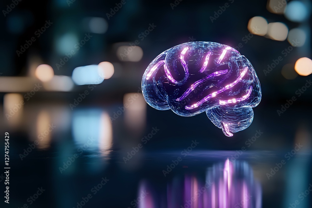 Poster glowing purple brain hologram floating against dark background with bokeh lights and reflection, rep