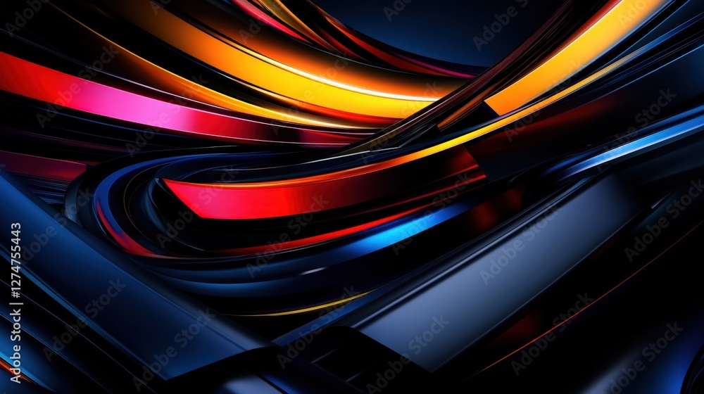 Poster a vibrant abstract composition featuring flowing lines in red, blue, and orange hues. the smooth cur