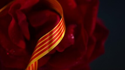 Red rose and a flag of Catalonia, Sant Jordi art design, Catalan tradition. Gift. Saint George Day, Spain 