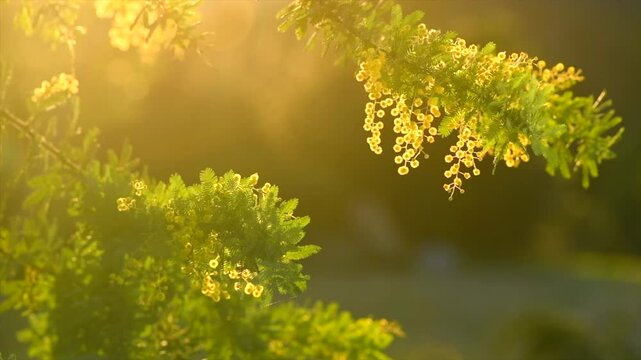 Mimosa spring flowers nature background, Easter backdrop. Blooming mimosa tree over sunset sky. Yellow flower border art design with sun. Slow motion 