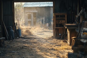 A rustic barn workshop with wooden tools, vintage furniture, and golden sunlight streaming in, evoking a nostalgic rural charm