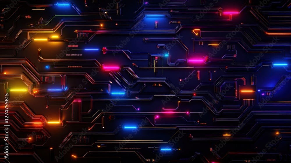 Poster a vibrant abstract digital background showcasing dynamic circuits and colorful lights. perfect for i