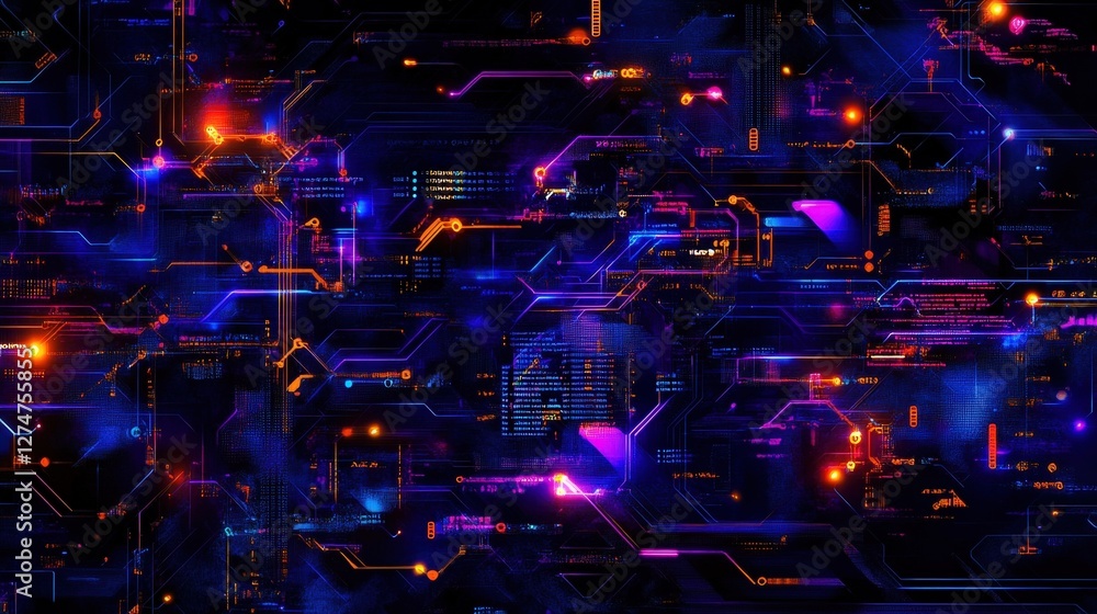 Poster a vibrant abstract digital circuit board design featuring intricate patterns and glowing lights