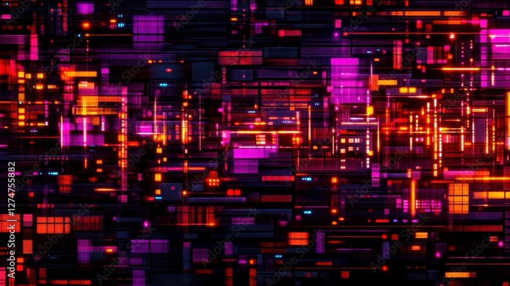 Poster a vibrant abstract digital design featuring intricate patterns and glowing lines in shades of purple