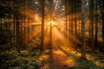 Fototapeta premium Sunlight filtering through trees in a forest creates a magical atmosphere during early morning hours after a fresh rain