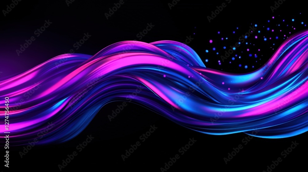 Poster a vibrant abstract wave of colorful light flows gracefully against a dark background, creating a sen