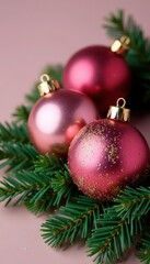 Naklejka premium Pink gold glitter glass ornaments on a wreath, shiney, holiday decoration