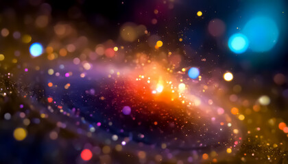 Vibrant Cosmic Nebula with Colorful Light Particles and Bokeh Effect