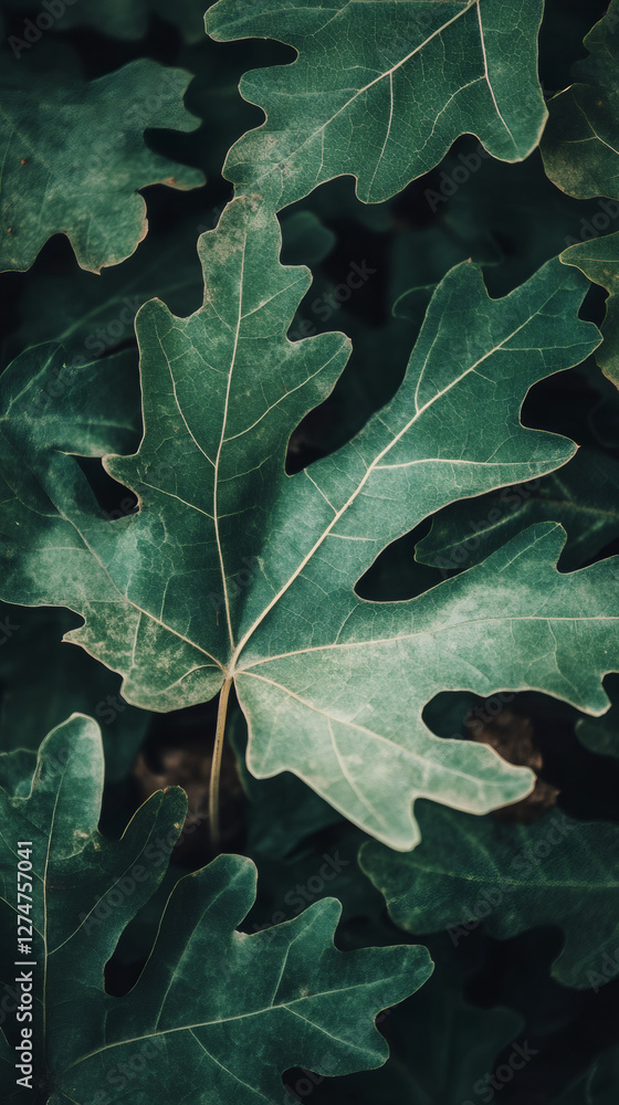 Poster Verdant fig foliage layering densely, revealing intricate leaf patterns and capturing botanical depth with vibrant emerald tones