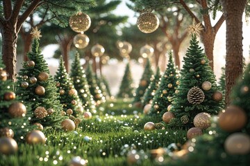 Vibrant Forest with Shimmering Pines and Magical Decorations