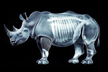 Fototapeta premium X-Ray Rhino: A captivating, artistic X-ray view reveals the robust skeletal structure of a rhinoceros against a dramatic backdrop.