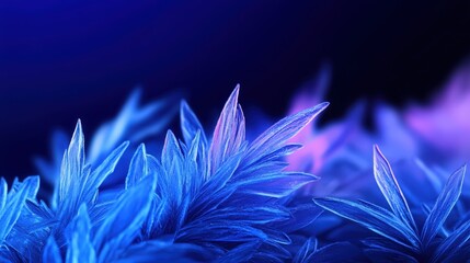 A vibrant and captivating close-up of frosted leaves reflecting blue and purple hues, creating a mesmerizing visual effect that highlights the beauty of nature's artistry.