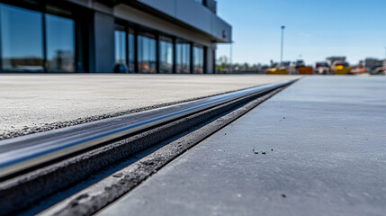 Fototapeta premium Concrete rooftop parking area showcasing expansion joint, with a rubber strip and stainless steel cover forming a gap between concrete slabs, highlighting construction design details in modern infrast