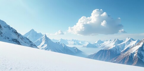 Silky white cloud floats on pristine snow landscape, white cloud, snow-covered peaks, atmospheric conditions