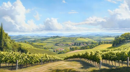 Naklejka premium Captivating Panoramic View of the Tuscan Countryside Featuring Lush Green Rolling Hills, Sunlit Vineyards and Quaint Rural Charm in Italy