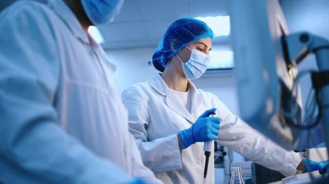 A team of scientists in gloves, glasses, and hats conducts biochemical research in a modern laboratory. Concept studying biological processes with advanced scientific methods.