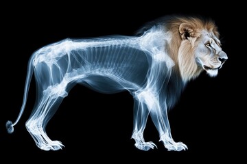 Fototapeta premium Anatomy of Majesty: A majestic lion is rendered in a stunning X-ray style, revealing its powerful skeletal structure beneath its iconic mane and fur, demonstrating the art of science and nature.