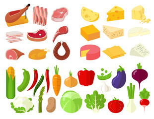 Dairy products, vegetables, meat and cheese.