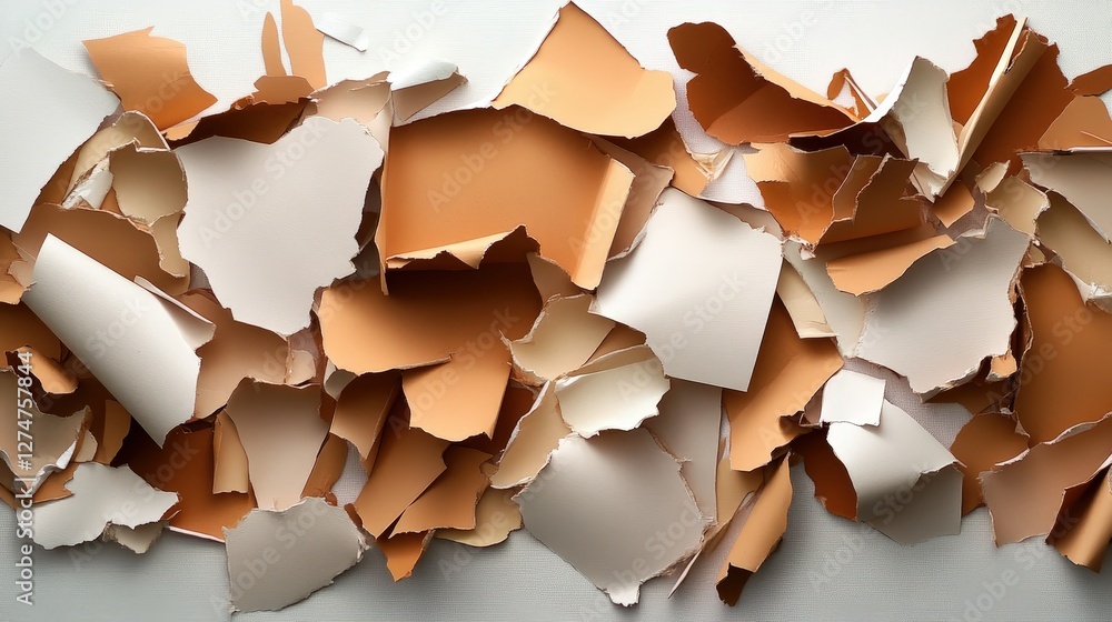 Poster a vibrant arrangement of torn paper pieces in varying shades of cream and brown, creating a visually