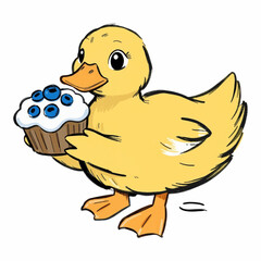 Illustration of a Cute Duck Holding a Blueberry Muffin Logo