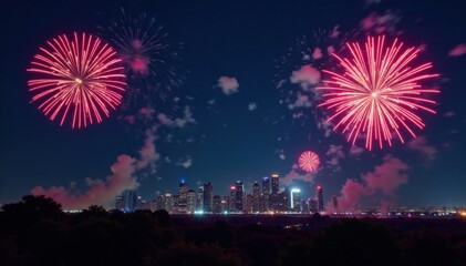 Fototapeta premium New Year's Eve fireworks exploding in the dark sky over a cityscape, fireworks display, cityscape